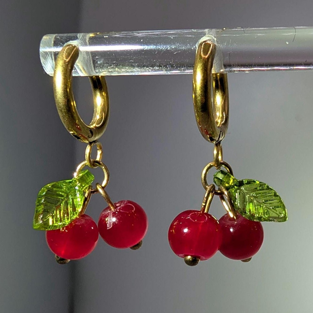 Gold Cherry Huggie Earrings, Gold Ion Plated Stainless Steel Hoops, Glass Beads - Picture 7 of 7